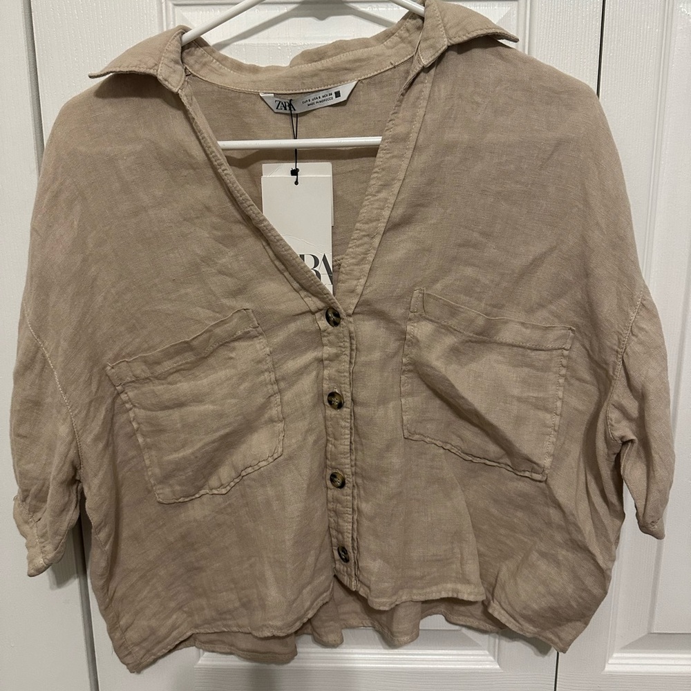 Zara tan linen crop button down shirt